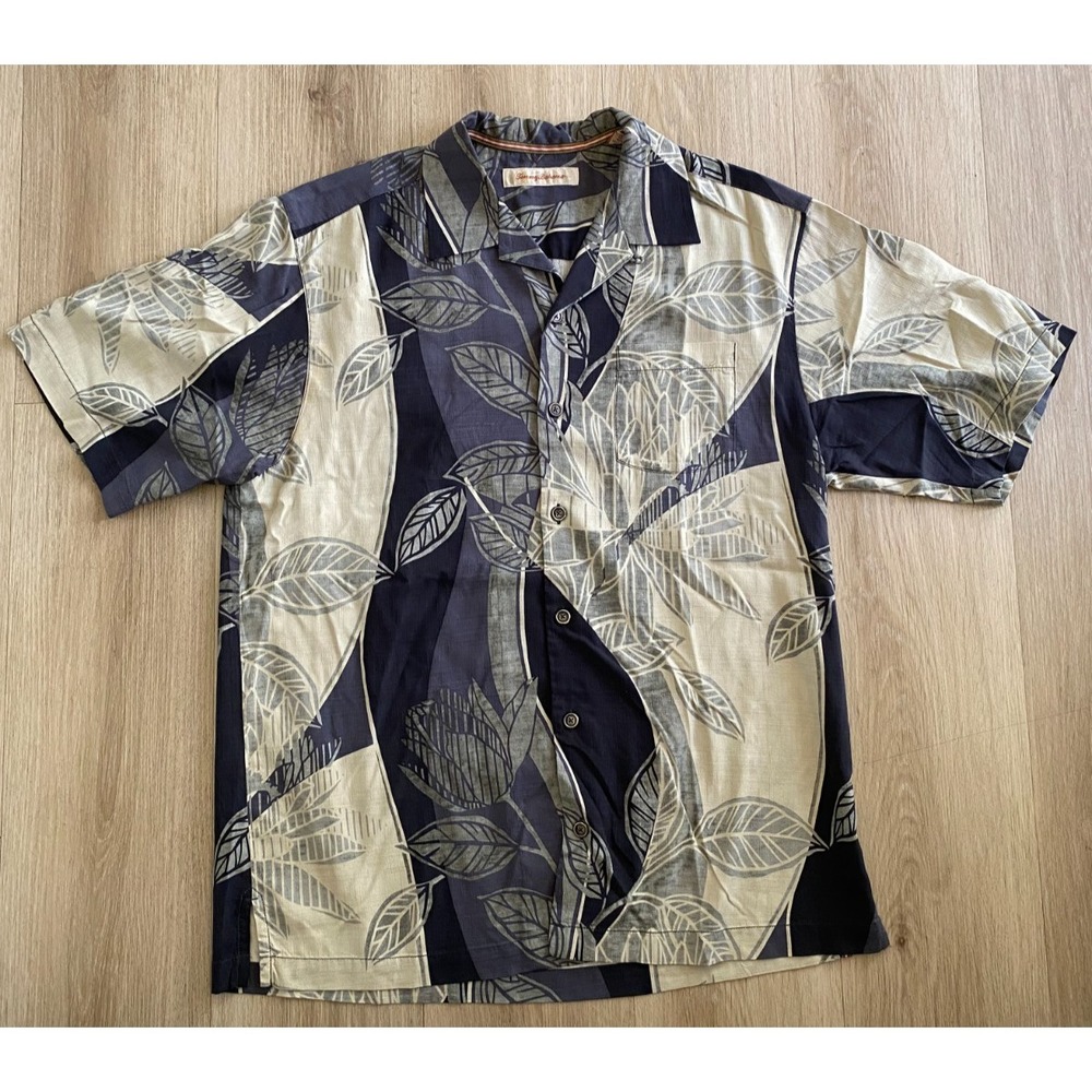 Tommy Bahama Mens M 100% Silk Hawaiian Aloha Shirt Leaf Tropical Camp Blue Cream